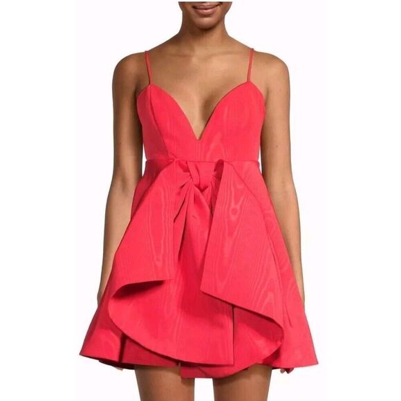 Bardot Annabelle Bow Plunge Neck Mini Dress Candy Pink Size 12 XXL MSRP $169 NWT - Picture 3 of 16